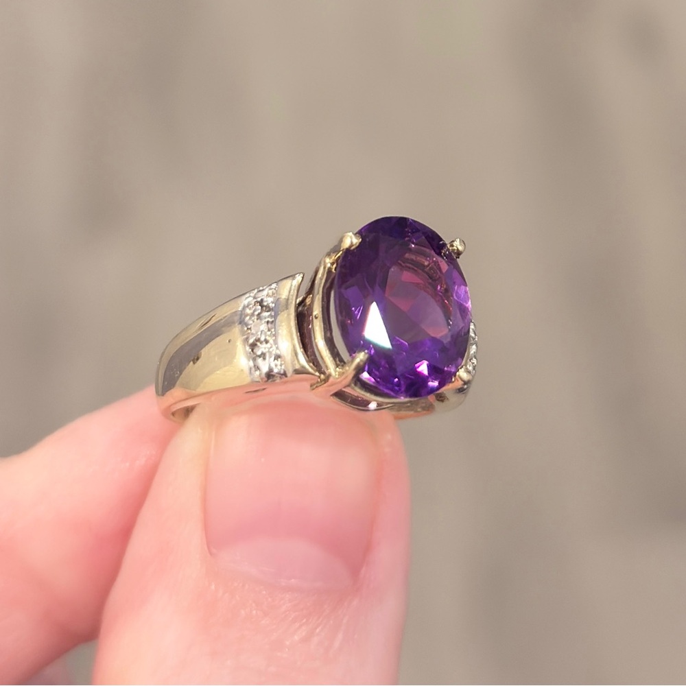 Vintage 10K Amethyst Ring: Diamond Accent Oval Solitaire Open Setting Size 6.75 - Picture 10 of 16